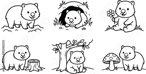 Black and white line art cute wombat standing sitting and holding flower