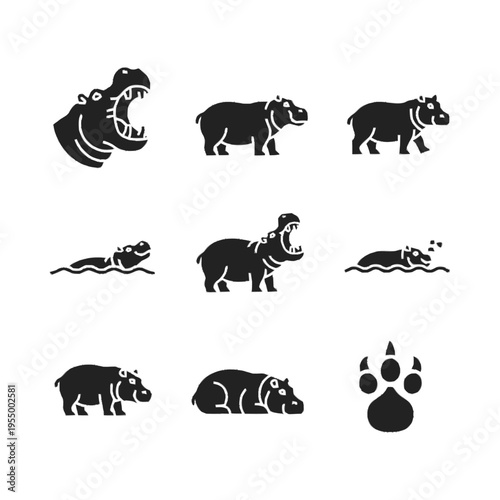Collection of black hippopotamus vector icons including a head with wide open jaws, swimming in water, walking, standing, and a paw print, isolated on a white background for web design.