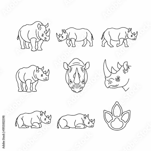 Minimalist rhinoceros line drawing set with individual icons showing the animal in standing, walking, and resting positions, plus a front head view and a rhino track footprint.