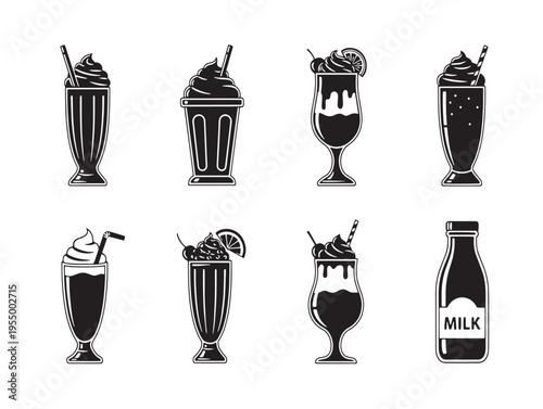 A collection of eight different milkshake and ice cream sundae desserts