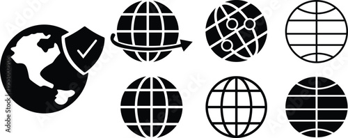 World globe icon set with global network, internet connection, earth security shield and worldwide communication symbols, global business and technology icons in solid and outline style vector