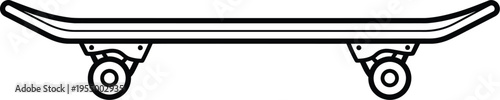 A black and white line drawing of a skateboard