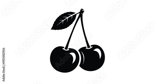 Two cherries with stem and leaf