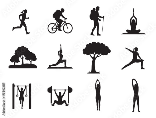 A collection of black silhouettes depicting various fitness and exercise activities