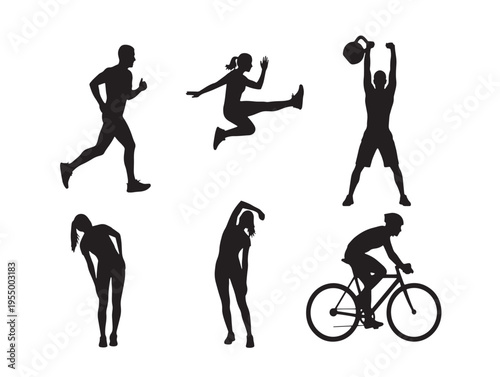 Six black silhouettes of people exercising and playing sports