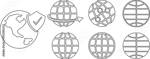 World globe icon set with global network, internet connection, earth security shield and worldwide communication symbols, global business and technology icons in solid and outline style vector