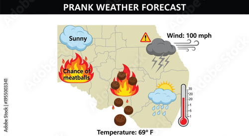 A humorous, exaggerated prank weather forecast map shows bizarre conditions including meatballs falling from the sky and high winds.