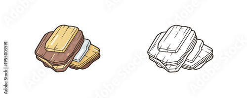 Mica mineral layers vector illustrations shown in colored cartoon and black outline linear styles, brown, beige and silver tones, representing flaky rock on white background
