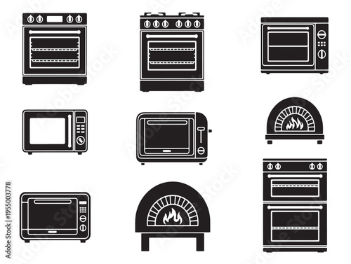 A collection of various kitchen oven icons