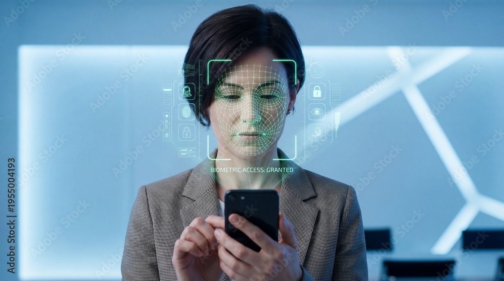 Fototapeta premium Facial recognition technology in use corporate office digital interaction modern workspace close-up view security and authentication concept