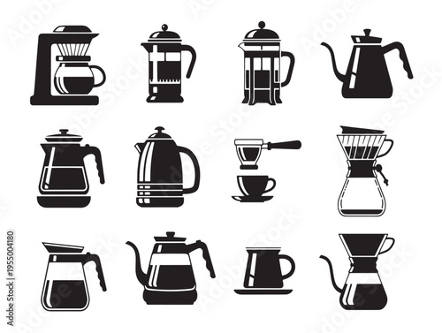 Black and white icons of various coffee makers