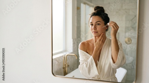 Reflection of Woman Applying Face Oil in Luxury Marble Bathroom. A cinematic medium shot showing the reflection of a serene woman in a white silk robe applying a serum or face oil with a dropper.