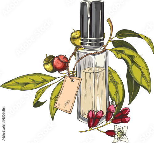 Sandalwood tree and bottle of oil sketch, vector hand drawn essential herbal product, organic cosmetics oil flask