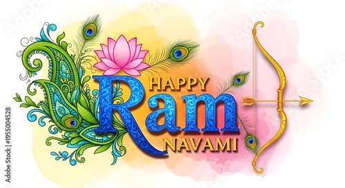 Happy ram navami festival greeting with bow, arrow, lotus, and peacock feathers