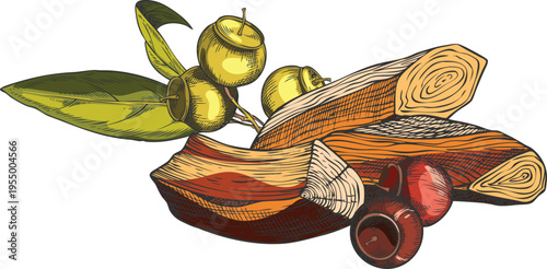 Sandalwood tree organic products vector sketch composition, hand drawn leaves with seeds, fragrant wooden sticks pile