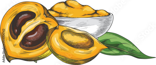 Lucuma cut fruit, bowl of powder and leaf sketch, vector hand drawn ripe orange tropical eggfruit, superfood product