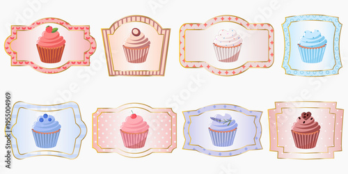 Vintage frames, cards, backgrounds with cupcakes, delicious cupcakes set