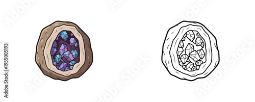 Crystal geode vector illustrations shown in colored cartoon and black outline linear styles, brown outer rock with purple and blue crystals inside on white background