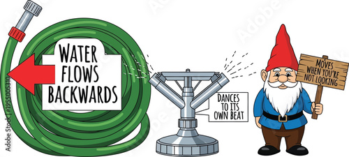 A garden gnome holds a sign next to a water sprinkler and coiled green hose illustrating a backward flow concept.