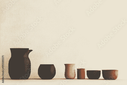 Minimalist still life featuring varying sizes of pottery with neutral tones