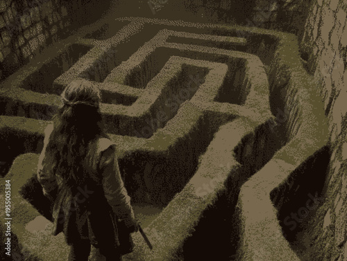A figure explores a maze illuminated by soft light, showcasing surreal labyrinthine design.
