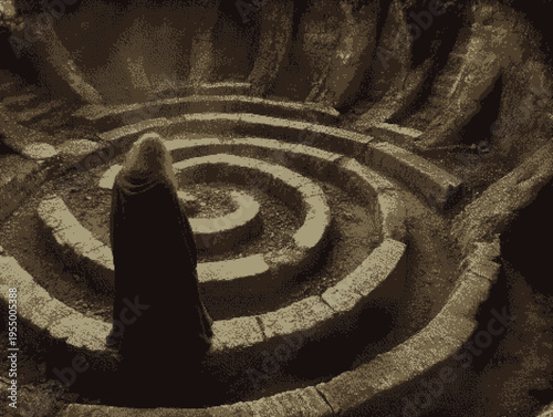 A figure in a cloak stands in a spiraling stone labyrinth with an ancient atmosphere