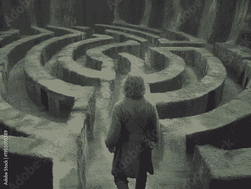 A figure walks through a dark, textured labyrinth of stone walls, creating an enigmatic atmosphere.