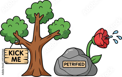 A cartoon tree with a hanging 'kick me' sign stands next to a rock labeled 'petrified' with a watering flower nearby.