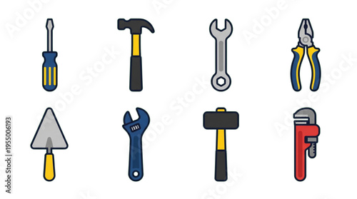 Modern Flat Design Utility Hand Tools Set for Home Repair and Industrial Use