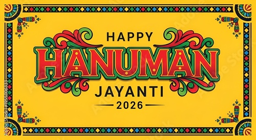 Happy hanuman jayanti 2026 greeting card design with traditional border