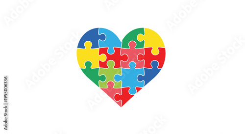 Colorful heart shaped puzzle pieces together.