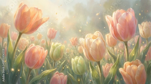 Soft Spring Tulips in Morning Light, Pastel Floral Digital Painting
