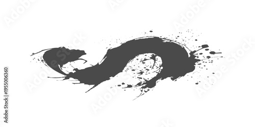 Abstract black ink brush stroke, dynamic splatter effect, bold calligraphy style, minimalist white background, expressive motion, high contrast, artistic texture vector illustration.
