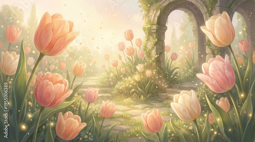 Spring Tulip Garden with Stone Arch, Soft Light Fantasy Illustration