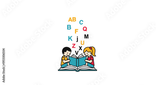 Children reading book with alphabet letters.