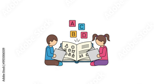 Children Reading Books Together Outdoors.