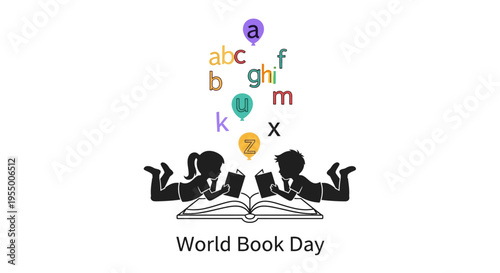 Children reading books with letters.