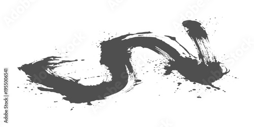 Abstract black ink brush stroke, dynamic splatter effect, bold calligraphy style, minimalist white background, expressive motion, high contrast, artistic texture vector illustration.