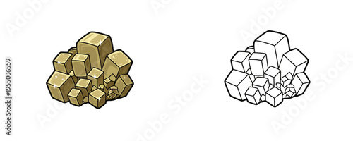 Pyrite iron crystal cluster vector illustrations shown in colored cartoon and black outline linear styles, gold and brass tones, representing metallic mineral on white background