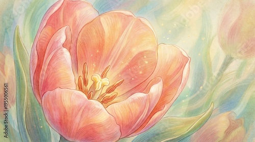 Hand Drawn Tulip Illustration in Soft Pastel Colors, Floral Art
