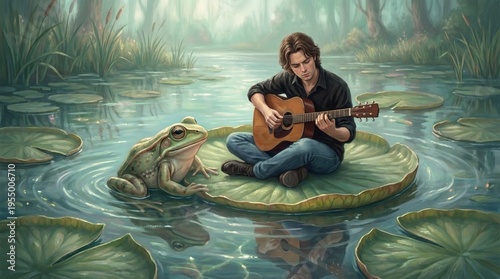 Man Playing Guitar on Lily Pad with Frog, Fantasy Pond Illustration