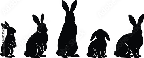 Silhouette rabbits in diverse poses, upright standing, sitting, long ears, lop ears, animal shapes, pet illustration, vector design