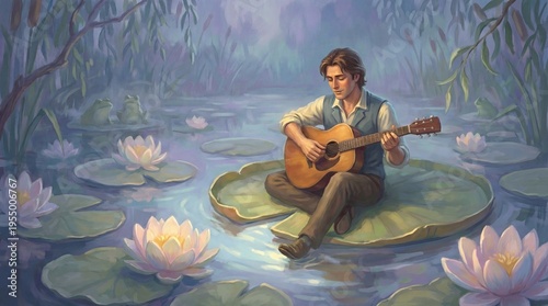 Man Playing Guitar on Lily Pad in Misty Pond, Peaceful Fantasy Illustration