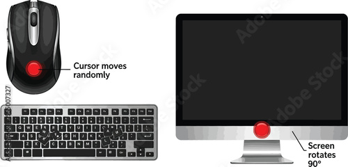 A technical diagram illustrates computer malfunction points including a randomly moving cursor and a screen rotating ninety degrees.