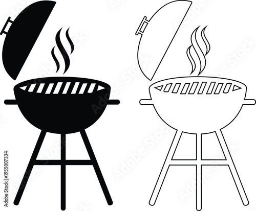 BBQ grill icon set with barbecue equipment, charcoal grill, cooking tools and outdoor grilling symbols, barbecue food preparation icons in solid and outline style vector isolated on transparent backgr