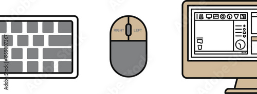 A simple illustration displays a keyboard, a two-button computer mouse, and a monitor showing a basic interface layout.