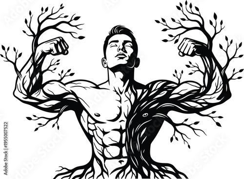 Muscular man with tree roots and branches growing from body