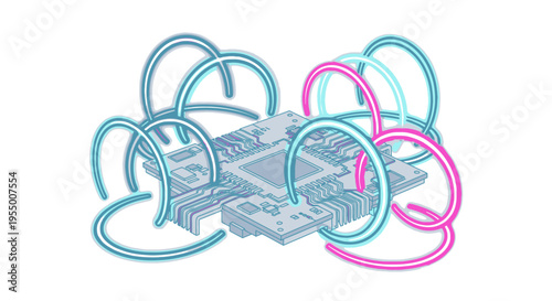 Abstract Circuit Board with Interconnected Neon Loops Technology