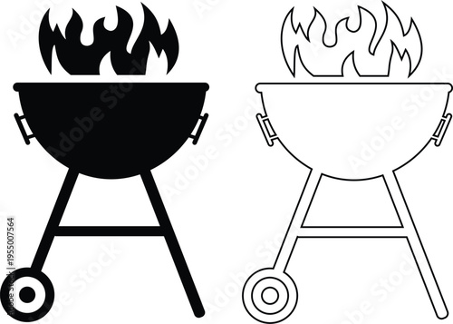 BBQ grill icon set with barbecue equipment, charcoal grill, cooking tools and outdoor grilling symbols, barbecue food preparation icons in solid and outline style vector isolated on transparent backgr