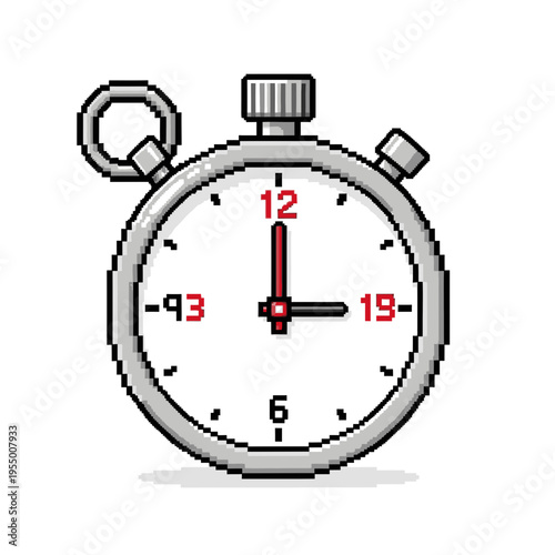 Pixel art stopwatch with red numbers.